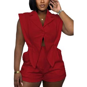 Famnbro Womens Summer Rompers Dressy V Neck Lapel Sleeveless Blazers Business Work Short Jumpsuits 2025 (XX-Large, Red)