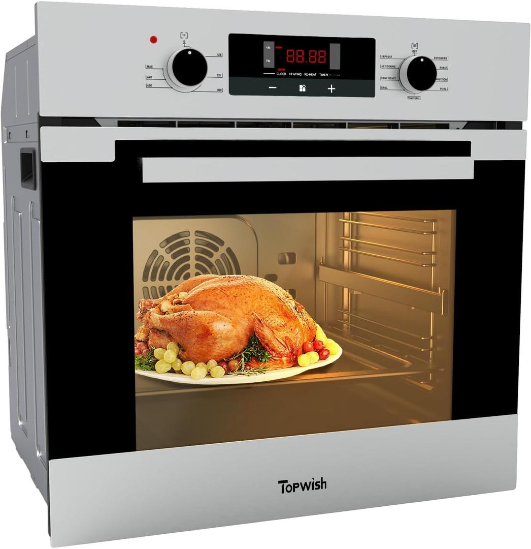 24 Inch Wall Oven, TOPWISH Electric Single Wall Ovens, 2.3 Cu.ft. Built-in Wall Oven with Convection, Touch Control, 9 Cooking Functions, Timer, Stainless Steel Ovens for Kitchen, ETL Certified