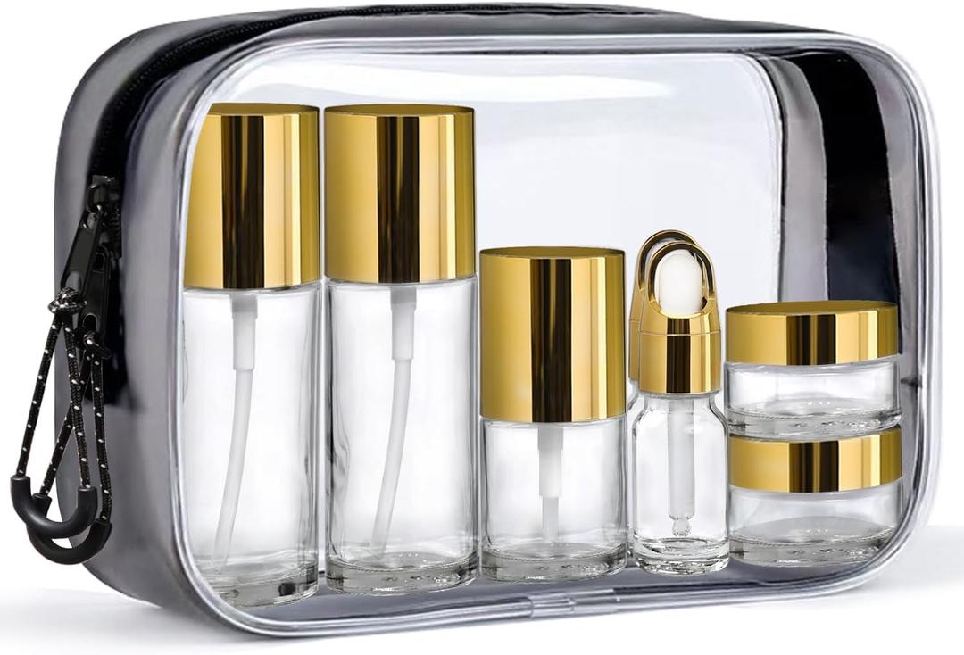 Glass Travel Bottles for Toiletries,TSA ApprovedLeak Proof Refillable Travel Size Containers with Pump Spray Dropper Jars for Skincare Lotion Cream or Shampoo