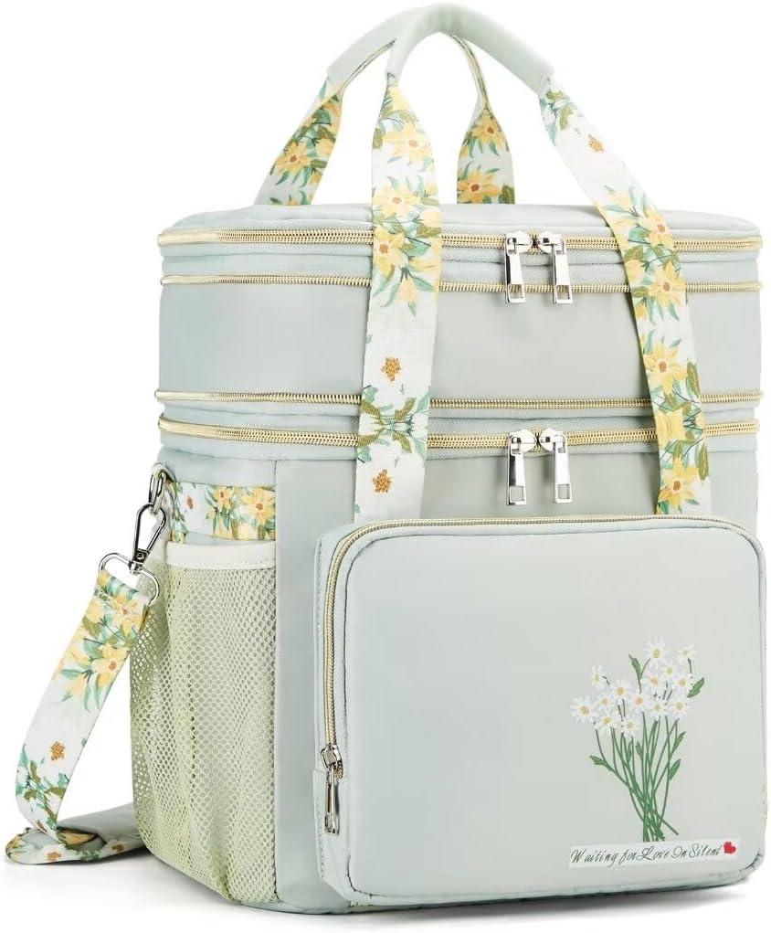 HSHRICH Insulated Lunch Bag for Women/Men, Dual Compartment Waterproof Reusable Large Lunch Box for Adlut Wide-Open Tote Cooler Bag For Working Picnic Hiking (16L, Green-Flowers)