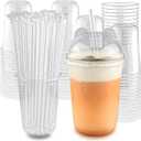 16oz 50 Set Disposable Plastic Cups with Dome Lids and Straws, Clear Iced Coffee Cups with lids, Round Bottom Plastic Cup for Milkshakes Juice Beverages Holiday Party Outdoor Picnic Supplies