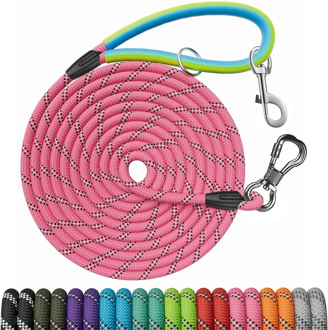 NTR Dog Long Leash, 100FT Recall Training Rope Lead, with 2 Swivel Hooks, Reflective Threads and Soft Rubber Handle, Puppy Leash for Walking, Hunting, Camping for Small Medium Large Dogs-Pink (100ft*3/8")