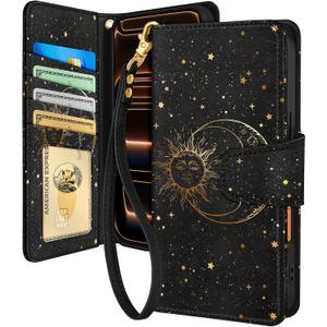 Toycamp for iPhone 17 Pro Max Wallet Case with Wrist Strap - Leather Flip Folio Phone Case with RFID Blocking 4 Card Holder for Apple for iPhone 17 Pro Max Funda Cute Aesthetic for Women,Sun and Moon