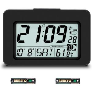 Handy Atomic Alarm Clock - 6'' Battery Operated Digital Clock with Seconds, Self-Setting, Auto Sync, DST, Selectable Time Zones,Portable Travel Desk Clock with 5s Touch Backlight for Bedroom (Black)