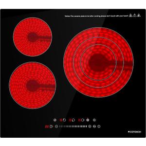 ECOTOUCH Built-in Electric Cooktop 24 Inch, 3 Burner Stove Top, ETL & FCC Certified Glass Radiant Stovetop 6600W, 16 Power Levels, 220-240V for Hard Wire