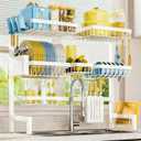 Sakugi Dish Drying Rack - Over The Sink Dish Drainer Drying Rack with Utensil & Knife Holder, Hooks, Stainless Steel Kitchen Organizers and Storage Solution, 11.8" D x 31.5"~39.0''W x 30" H, White, XX-Large