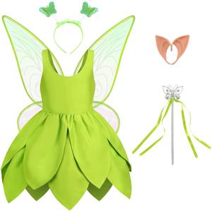 Tinkerbell Costume for Girls,Toddler Girls Fairy Dress with Pixie Elf Ears and Wings,Princess Dress Halloween Fairy (Size 120, Green)