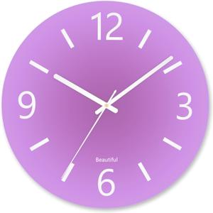 Tempered Glass Large Wall Clock, Modern Round Decorative Clock for Kitchen/Bedroom/Living Room, 14 Inch Simple Style Battery Operated Indoor Outdoor Hanging Clock - Purple