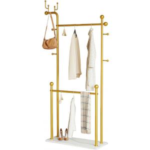 Gold clothing rack marble base,Heavy Duty Clothes Rack for Hanging Clothes,Double Rail Garment Rack with Hooks for Home Retail Boutique (gold)