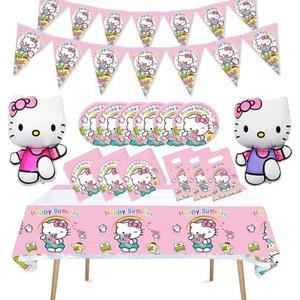 53 Pcs Kitty Girls Birthday Party Balloons, Dinner Plates, Paper Towels, Banners, Tablecloths, Gift Bags, Children's Tablecloths, Baby Shower Birthday Party Decorations