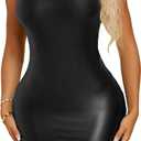 SweatyRocks Women's Sleeveless Bodycon Tank Dress PU Leather Mini Dresses (Large, Black)