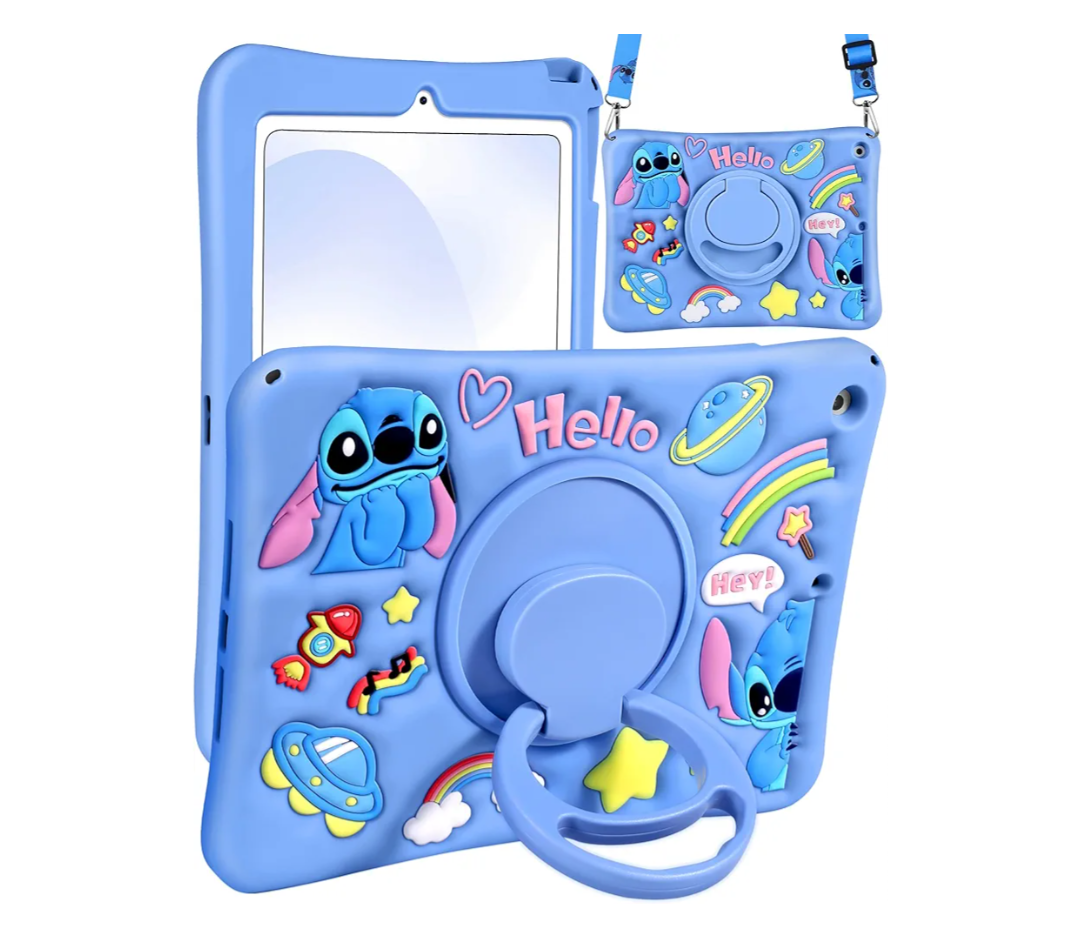 JoySolar for iPad 7th/8th/9th Gen Case - Soft Silicone Cute Cartoon Case with Rotationg Stand & Shoulder Strap, Shockproof Cover for Kids Girls Boys, Blue