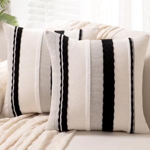 Boho Throw Pillow Covers 18x18 Set of 2 Farmhouse Decorative Cushion Case Striped Square Pillows Cover Chenille Pillow Cases Accent Neutral Pillowcase for Sofa Couch Bed, Black and White
