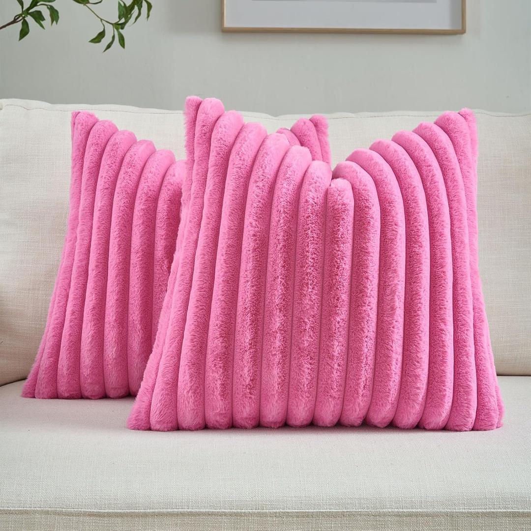 FUTEI Hot Pink Striped Decorative Throw Pillow Covers 26x26 Inch Set of 2,Square Winter Decorations Couch Euro Pillow Shams,Soft Cozy Faux Rabbit Fur & Velvet Back,Modern Home Decor for Bed