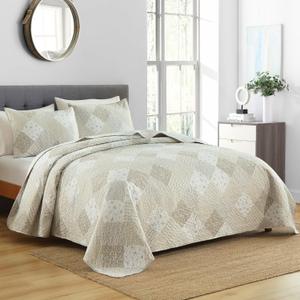 Boryard Queen Size Quilt Set, 3-Piece Lightweight Soft Full Size Summer Patchwork Reversible Bedspread Coverlet (90x90in) Bedding Set w 2 Pillow Shams, Light Beige White Plaid Floral Print