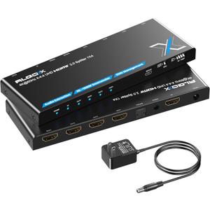 4K HDMI Splitter 1x4 with Audio Extractor, Downscaler & EDID, 4K@60Hz HDR HDMI 2.0 18Gbps HDMI Duplicator with TOSLINK & 3.5mm Stereo Out, Support HDCP 2.2 for TV, PS5, Xbox, Roku, Projector, Switch2