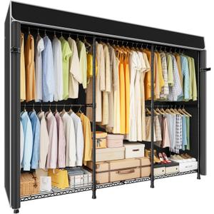 ULIFHOME E14C Pro Heavy Duty Closet Organizer SystemFreestanding Clothing Racks for Hanging ClothesAdjustable Garment Rack 70.1"W 16.6"D 76.4"H Hold 960 lbsBlack Rack with Black Dustproof Cover