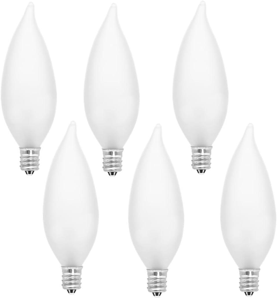 Candelabra Flame Tip Frosted, Frosted Flame Tip Chandelier Light Bulb, CA10 60W E12 Base, Decorative Incandescent Light Bulbs 120V for Chandeliers, Ceiling Fan Lights, Wall Sconces, Dimmable (Pack of 6)