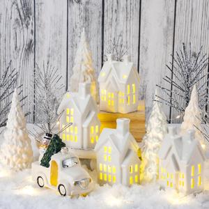Christmas Village Sets of 17 Include 4 LED White Ceramic Christmas Village Houses with 4 Ceramic Xmas Trees Plastic Truck 7 Branch Trees for Rustic Farmhouse Xmas Decorations Indoor Home