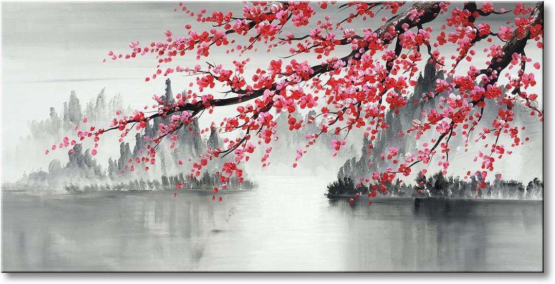 Handmade Traditional Chinese Oil Painting Pink Plum Blossom Canvas Wall Art Modern Black and White Landscape Artwork, 40"L x 20"W