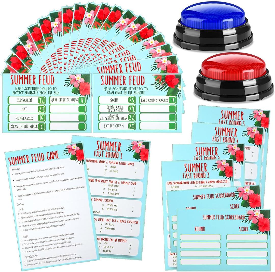 2 x Soulchen Summer Friendly Feud Game with 2 Answer Buzzers, Feud Card for Family Game Night Fun Trivia Quiz for Party Office Class Groups Team Building, 5.91 x 9.84 x 0.1 inches