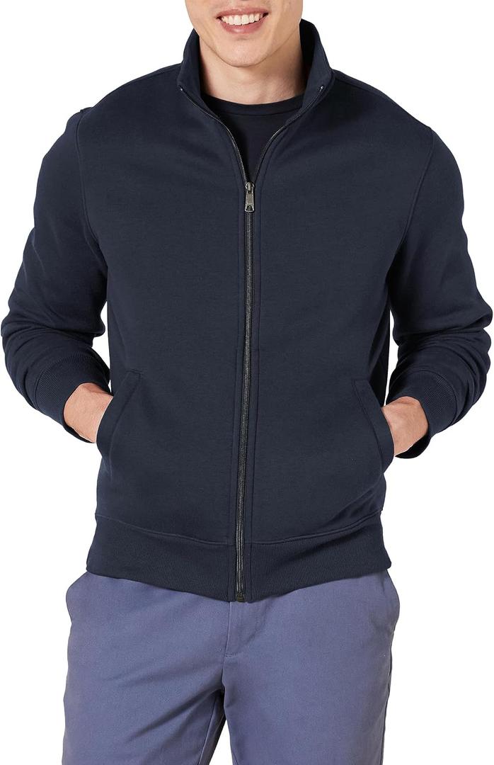 Amazon Essentials Men's Fleece Zip Up Mock Neck Sweatshirt, Midweight, Regular Fit (Blue, L)
