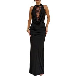 SweatyRocks Women's Lace Patchwork Maxi Formal Dresses Draped Sleeveless Party Night Out Bodycon Wedding Guest Dresses Black Small
