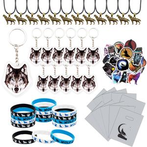 98 PCS Wolf Party Favors Cool Wolf Necklace Goodie Bags with Wolf Keychains, Stickers, Rubber Bracelets, And Wolf Bags for Wolf Themed Birthday Party Baby Shower Holiday