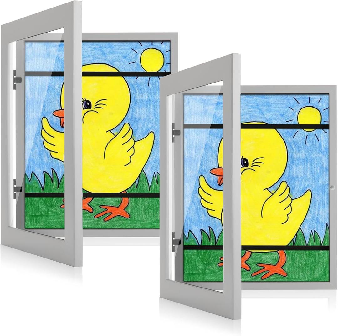 [2-Pack] Kids Art Frames, 8.5x11 Front Opening Kids Artwork Frames Changeable, Gray Artwork Display Storage Frame for Wall, Holds 50 Pcs, for 3D Picture, Crafts, Children Drawing, Hanging Art,