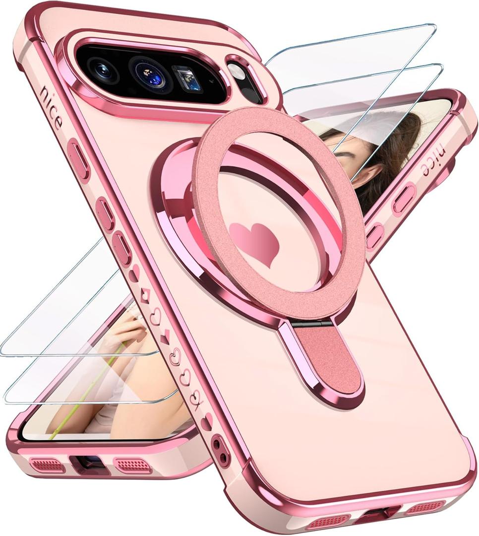 for Google Pixel 10 Pro XL Love Heart Kickstand Case with 2X Screen Protector: Luxury Plated Gold Edge Slim Soft TPU Shockproof Protection Case Cover for Pixel 10 Pro XL (Pink)