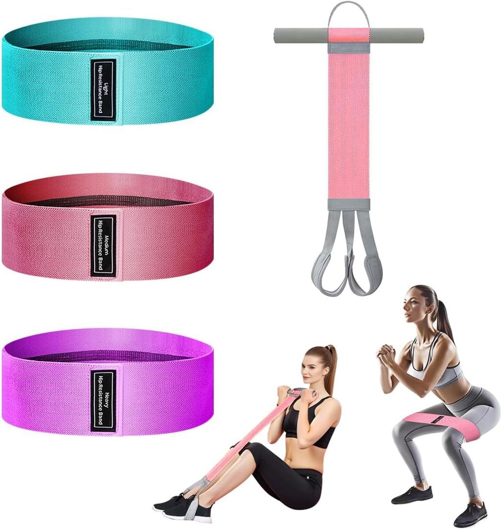 Resistance Band Set: 120LBS Fabric Pedal Resistance Band & 3 Levels Hip Bands for Home Gym, Strength Training, Physical Therapy (Pink suit)