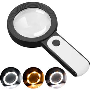 JMH Magnifying Glass with Light, 30X Handheld Large Magnifying Glass 18LED Cold and Warm Light with 3 Modes, Illuminated Lighted Magnifier for Seniors Reading, Coins, Jewelry (Black)