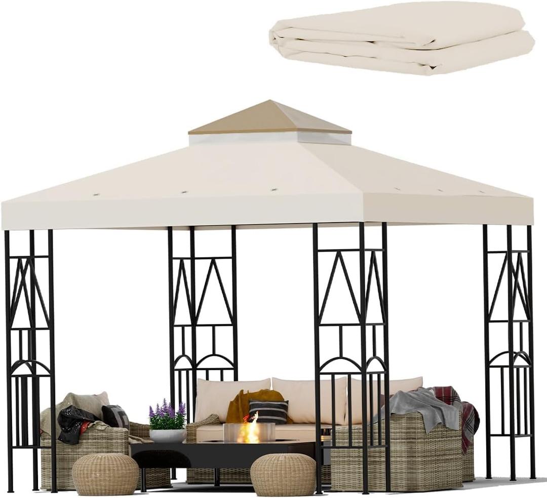 10x10 Canopy Replacement Top Double Tiered Gazebo Cover for Yard, Patio & Garden Durable Sunshade Replacement (BeigeBrown)