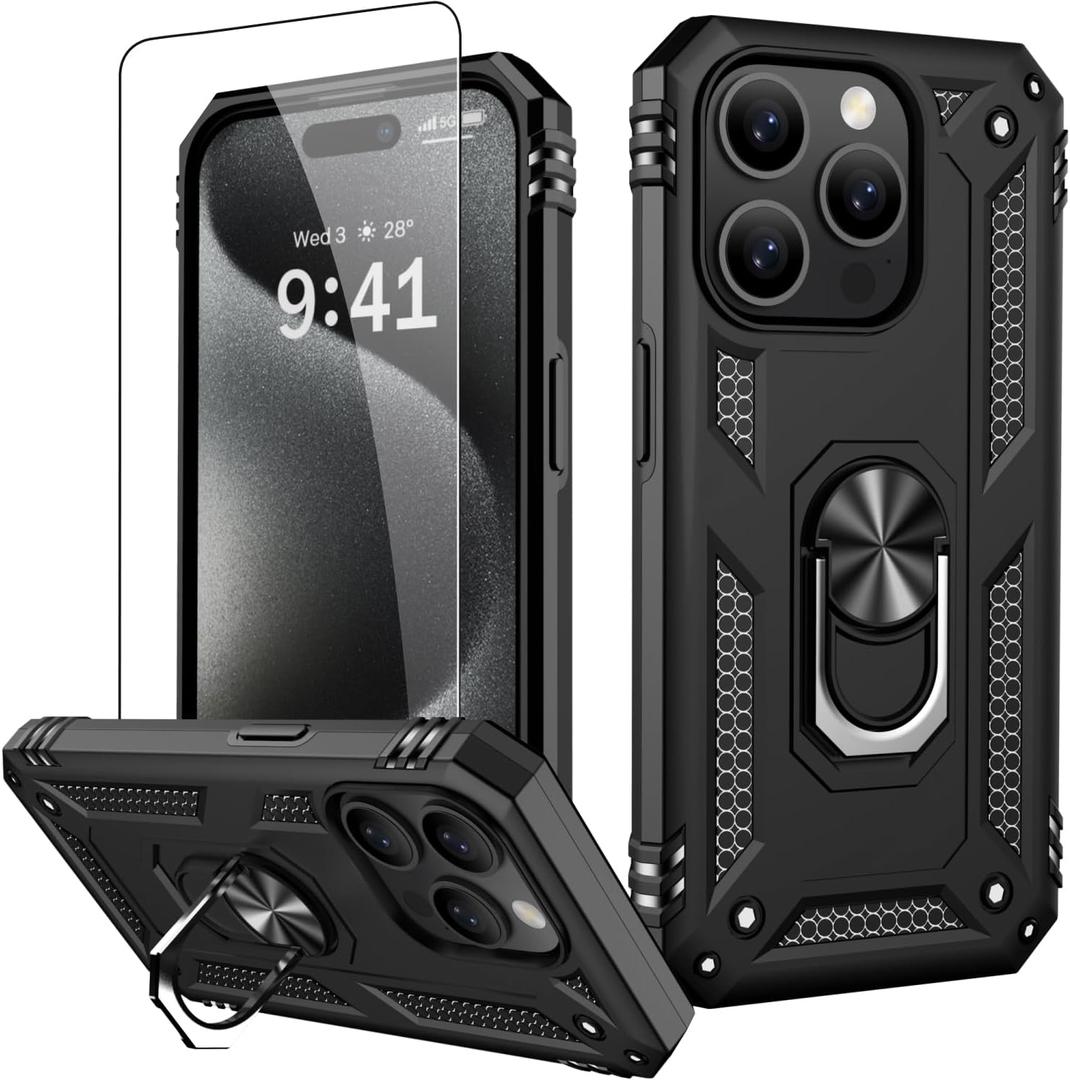 IKAZZ for iPhone 15 Pro Max Case 6.7 Inch with Screen Protector,Military Grade Shockproof Heavy Duty Protective Phone Cover Pass 16ft Drop Test with Magnetic Kickstand Car Mount Holder,Black