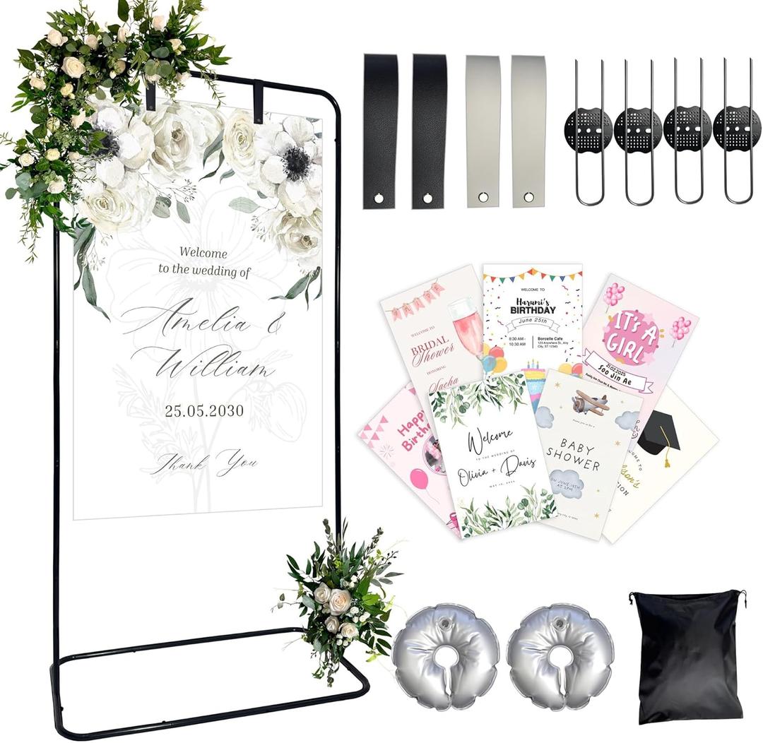 Large Wedding Welcome Sign Stand, Adjustable Height (78", 64", 50") - Black Welcome to our Wedding With Stand ,Design Bundle, Ground Stakes & Storage Bag - Wedding Seating Chart Stand