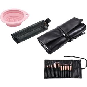 Makeup Brush Bag, PU Leather Makeup Brush Organizer, 16 Slots Portable Makeup Brush Pouch, Travel Mesh Cosmetic Bag With Foldable Makeup Brush Cleaner Bowl