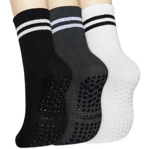 Grippy Pilates Socks with Grips for Women, Non Slip Yoga Socks, 3 Pairs (Striped-Black-White-Gray)