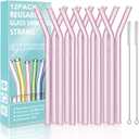 Reusable Bent Glass Drinking Straws,Set of 12 Bent Straws With 2 Cleaning Brushes,Shatter Resistant,Non-Toxic,Eco Friendly Reusable Straws (Pink 12 Pack)