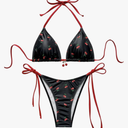 WDIRARA Women's 2 Piece Swimsuit Cherry Print Bikini Set Halter Triangle Bikini Side Tie String Bathing Suits M