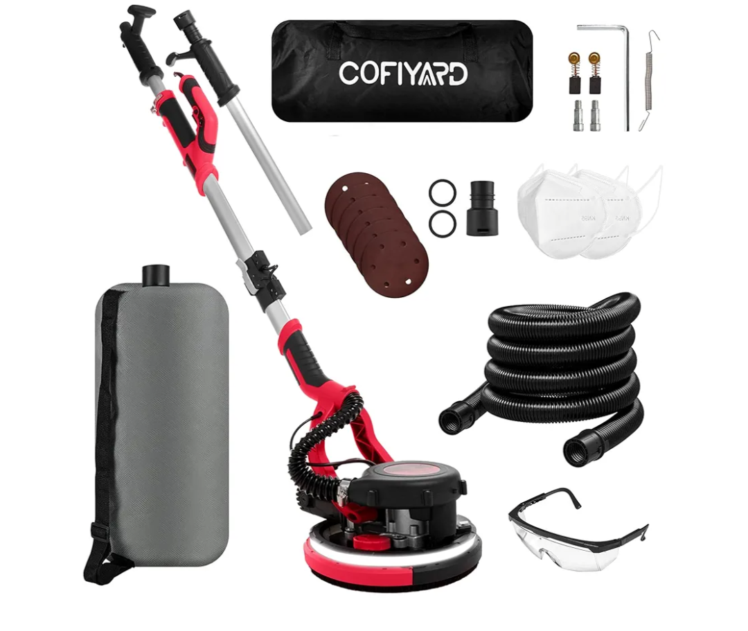 Electric Drywall Sander,1250W Popcorn Removal Tool,Drywall Sander with Vacuum Dust Collector,7 Variable Speed LED Light 900-1800RPM Ceiling Sander,Foldable & Extendable Handle Ceiling