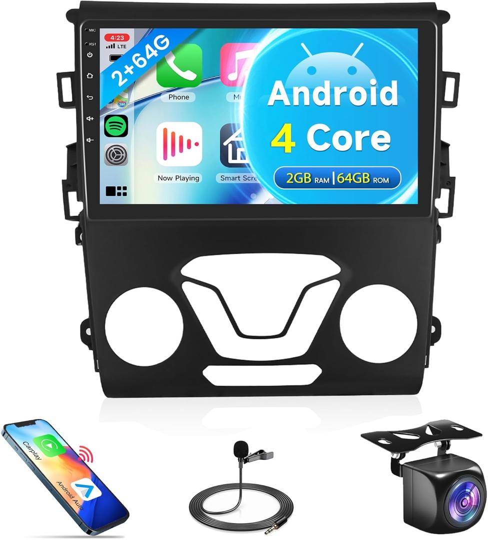 Car Radio Stereo for Ford Fusion 2013-2019 for Ford Mondeo, 2G+64G Android 13 Rimoody 9 Inch Wireless Carplay Android Auto Touch Screen GPS Navigation Bluetooth FM/RDS HiFi WiFi +Backup Camera