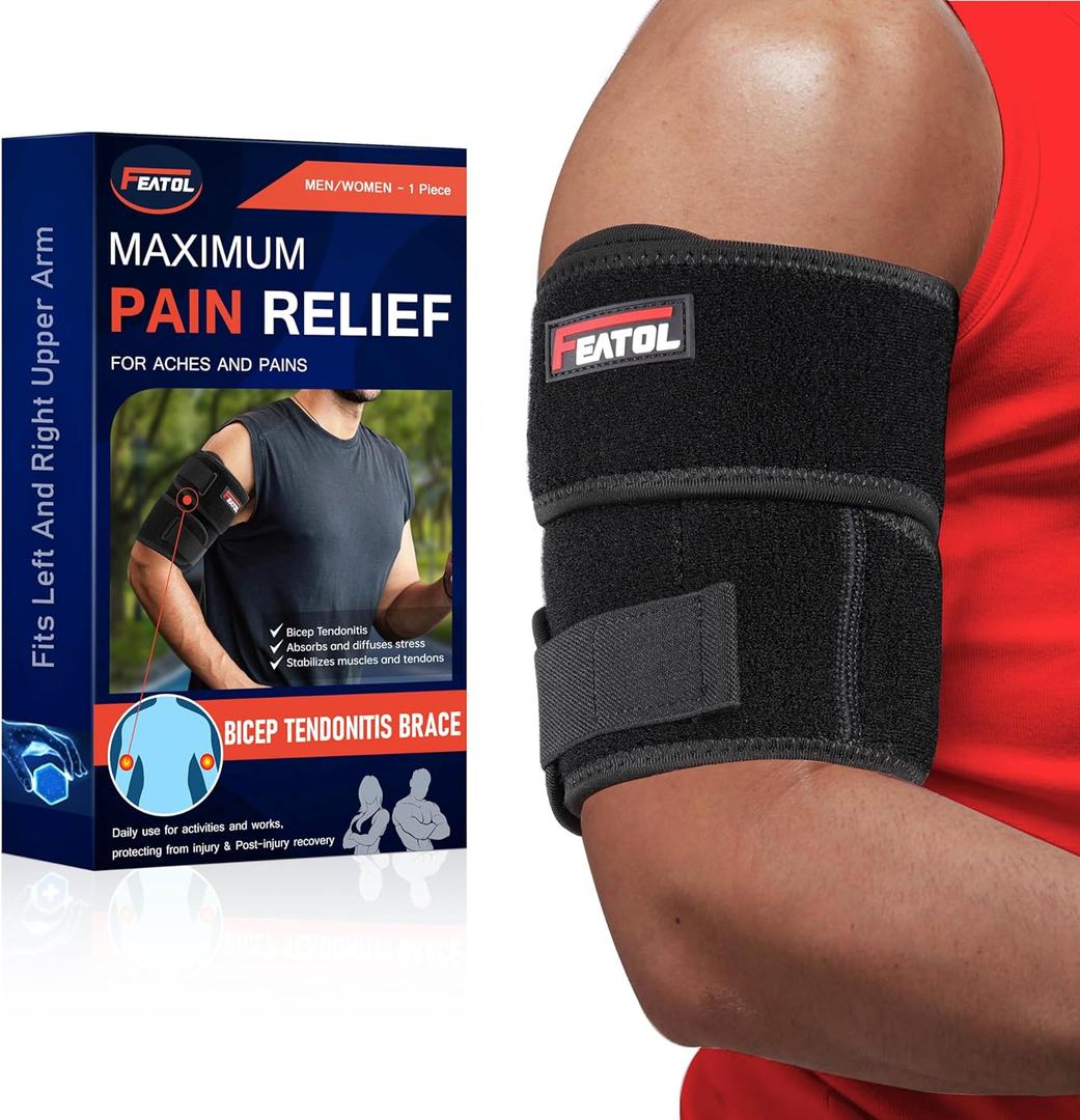 FEATOL Bicep Tendonitis Brace Compression Sleeve Support, Upper Arm Brace Tricep Bicep Support Bands for Men and Women, Arm Wrap Pain Relief for Muscle Strains and Inflammation(Black, Large)