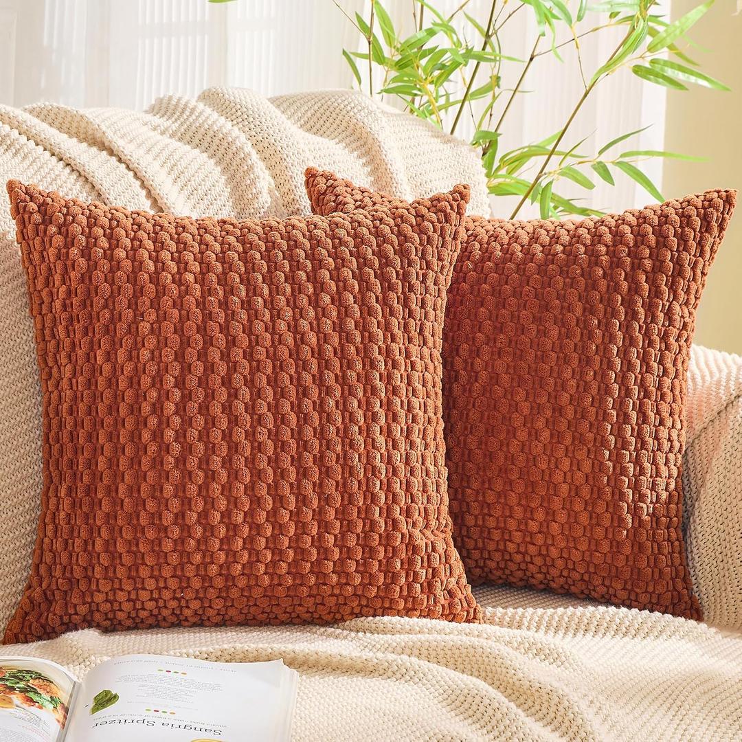 GAWAMAY Decorative Throw Pillow Covers 20x20 Inch Set of 2 for Living Room Couch Bed Sofa, Farmhouse Square Cushion Cover Soft Striped Corduroy Pillow Cases Boho Accent Home Decor (50x50cm) Rust