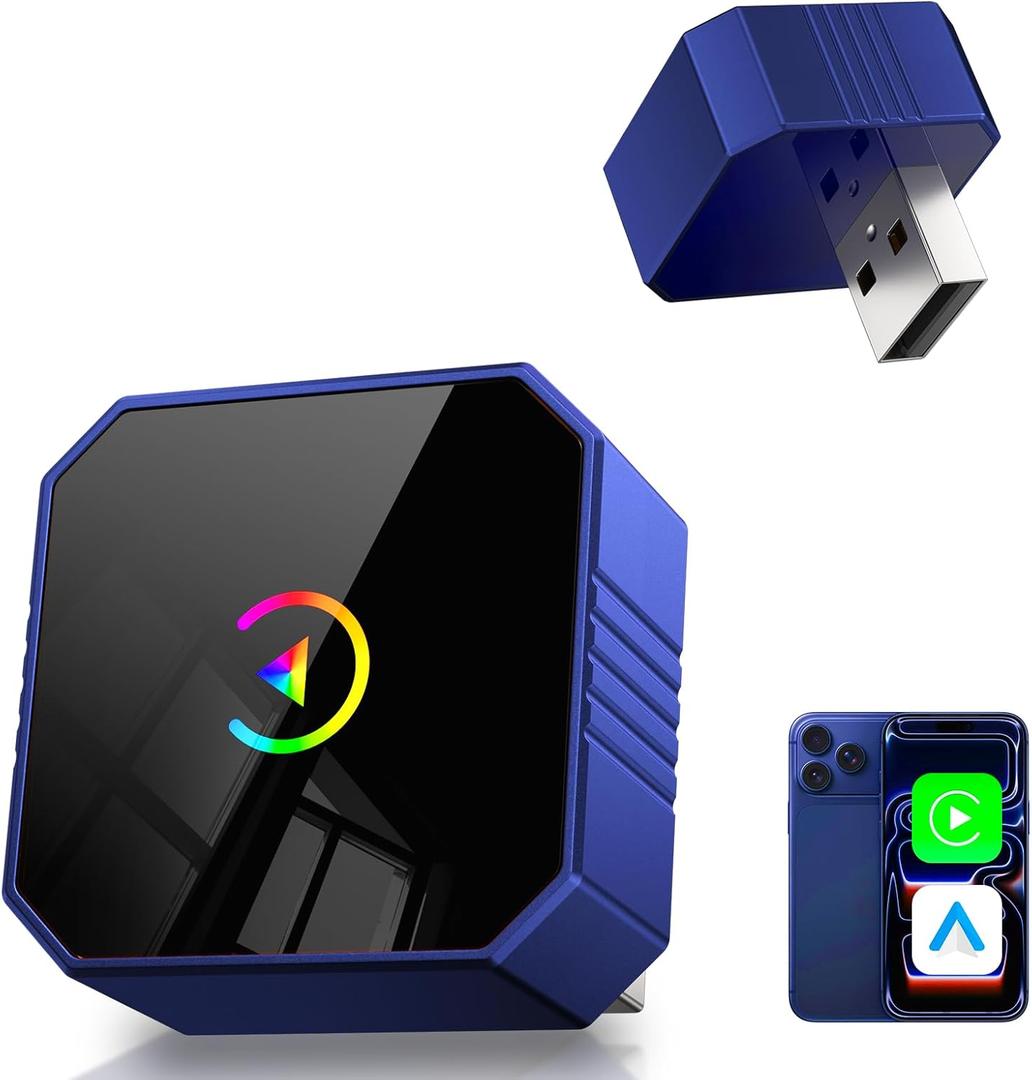 2026 Upgraded Mini Wireless CarPlay Adapter for CarPlay & Android Auto, Plug & Play, Fast, Auto Connect, No Latency 2in1 Car Play Wireless Adapter for iPhone iOS 10+ Android 11+ Information Display (Blue)