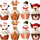 48 Pcs Christmas Cupcake Toppers and Wrappers Double Sided Cupcake Decorative Picks Christmas Party Supplies 4 Designs Include Santa Claus Gingerbread Man Snowman Reindeer