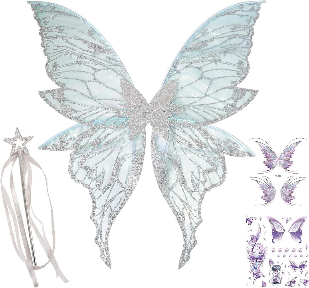 Fairy Wings Costume Set for Adults - Cosplay Accessories with 31.5"x29.5" Butterfly Wings for Halloween, Party (Sliver)