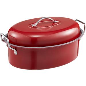 HONGBAKE 18 Inch Turkey Roasting Pan with Rack and Lid  Large Red Carbon Steel Roaster Pan for 20 lb Turkey, Oven Safe Baking Pan for Holiday Meals & Thanksgiving