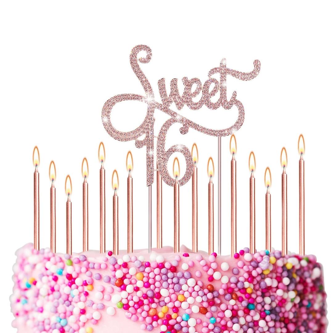Tondiamo Sweet 16 Birthday Decorations Rhinestone Sweet 16 Cake Toppers 20 Pcs Metallic Happy Birthday Candles 16 Cake Decorations for Cupcake Decor (Pink)