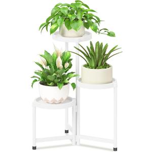 iDavosic.ly 3 Tier Folding Plant Stand Indoor Outdoor with Plastic Tray, Tiered Corner Flower Holder Shelf, Metal Orchid Display Rack for Patio Porch Living Room Garden Balcony, White