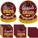 Graduation Plates and Napkins - Disposable Paper Plates Cocktail Napkins Luncheon Napkins for Maroon and Gold Graduation Party Decorations, Serve 50